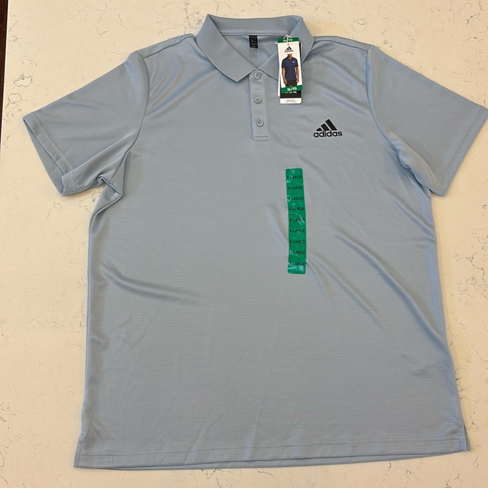 New ADIDAS Aeroready Size XL Light Blue / Black Logo Regular Fit Men Polo Shirt